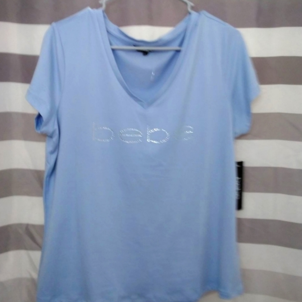 Bebe Sky Blue V-Neck Tee with Silver Logo